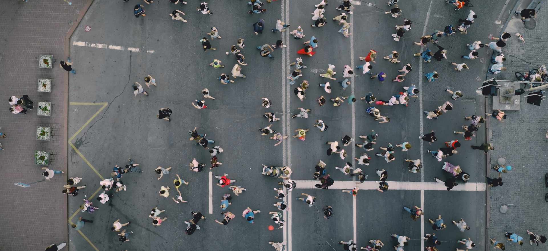 Top down pedestrians crosswalk road aerial. People cross street. Cityscape crossroad. Men, women